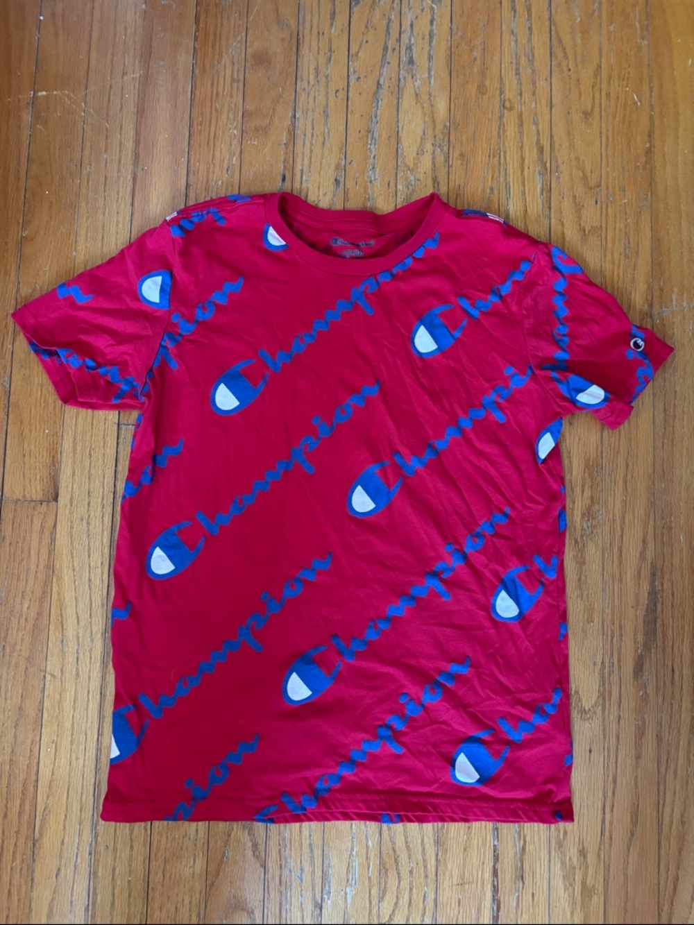 Champion Red Tee with Blue Logo Print